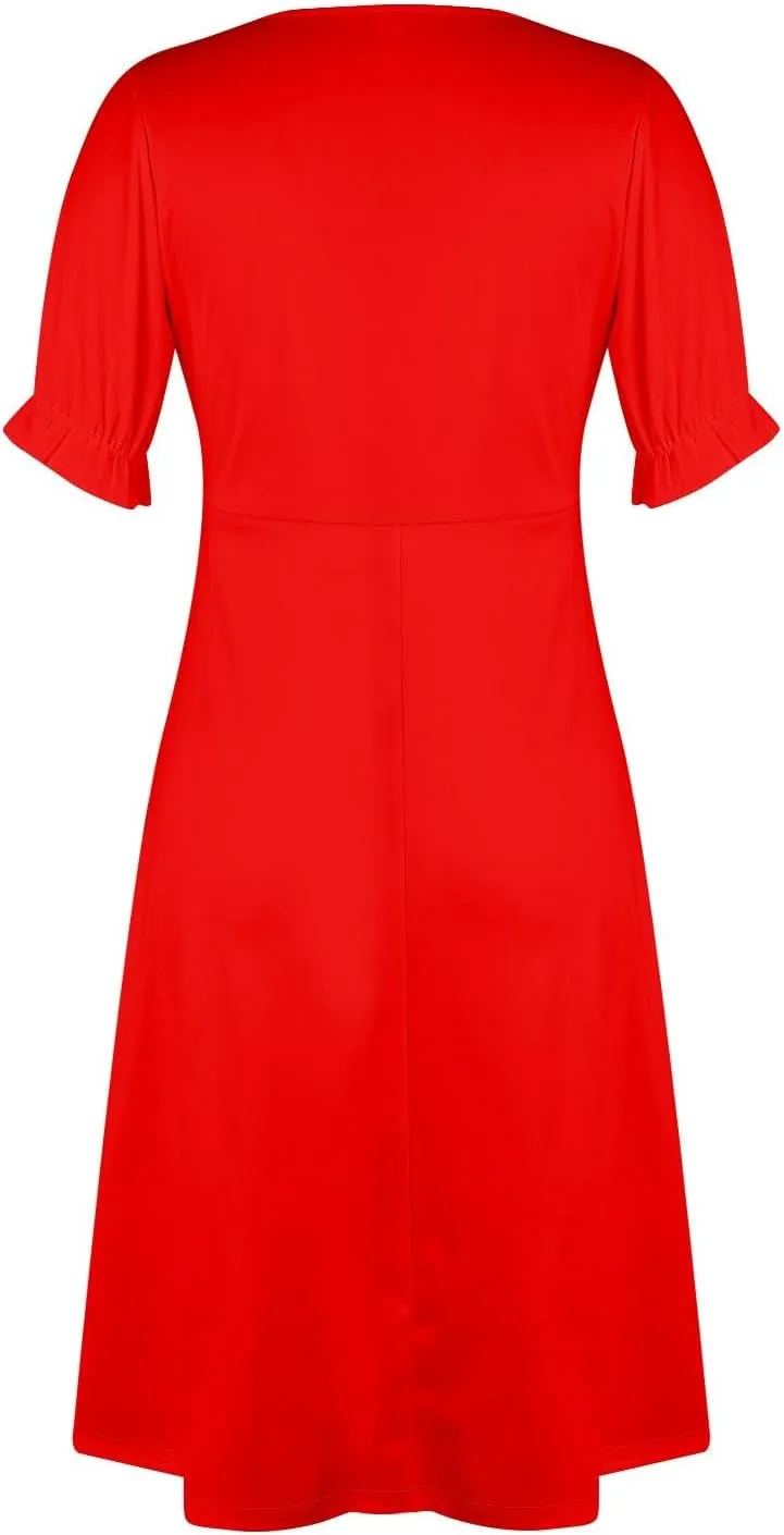 Midi Dresses for Women Casual Trendy Wrap Dress Elegant Party Sundress V Neck Sundresses Beach Vacation Puff Sleeve