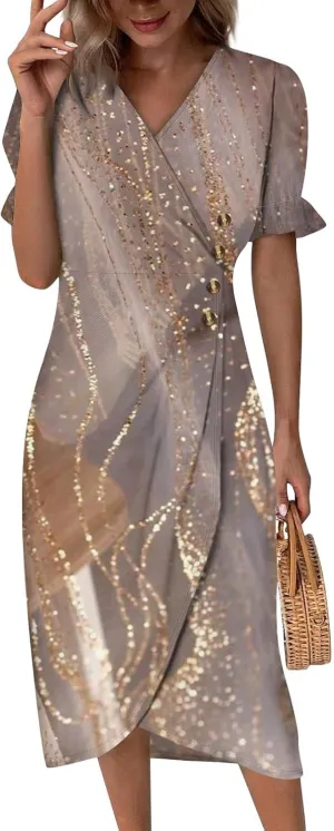 Midi Dresses for Women Casual Trendy Wrap Dress Elegant Party Sundress V Neck Sundresses Beach Vacation Puff Sleeve