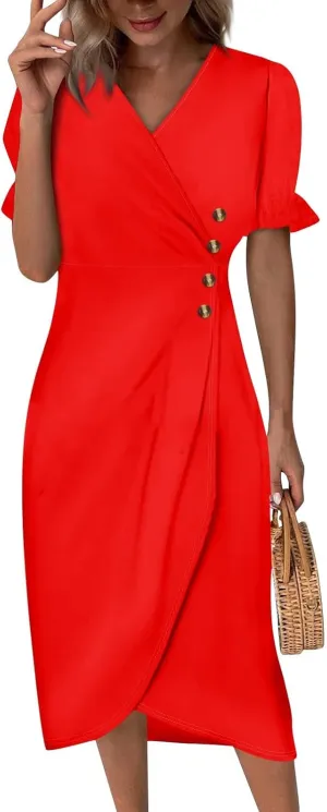 Midi Dresses for Women Casual Trendy Wrap Dress Elegant Party Sundress V Neck Sundresses Beach Vacation Puff Sleeve