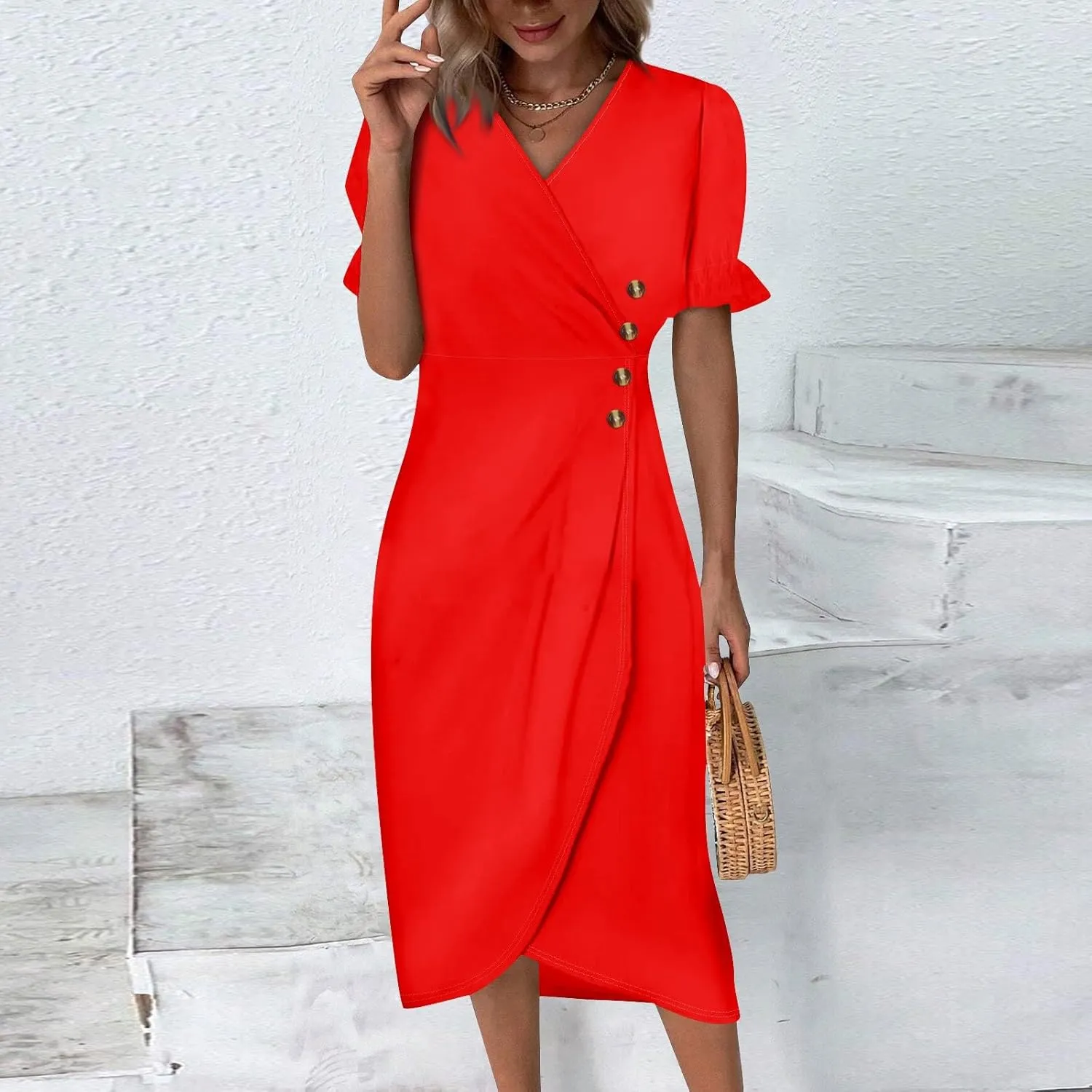 Midi Dresses for Women Casual Trendy Wrap Dress Elegant Party Sundress V Neck Sundresses Beach Vacation Puff Sleeve