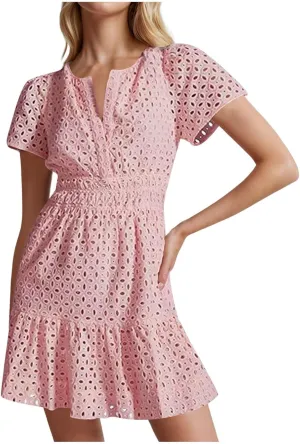 Mini Dress for Women 2025 Summer Short Dresses V Neck Short Sleeve a Line Hollow Out Lace Ruffle Cute Party Dresses