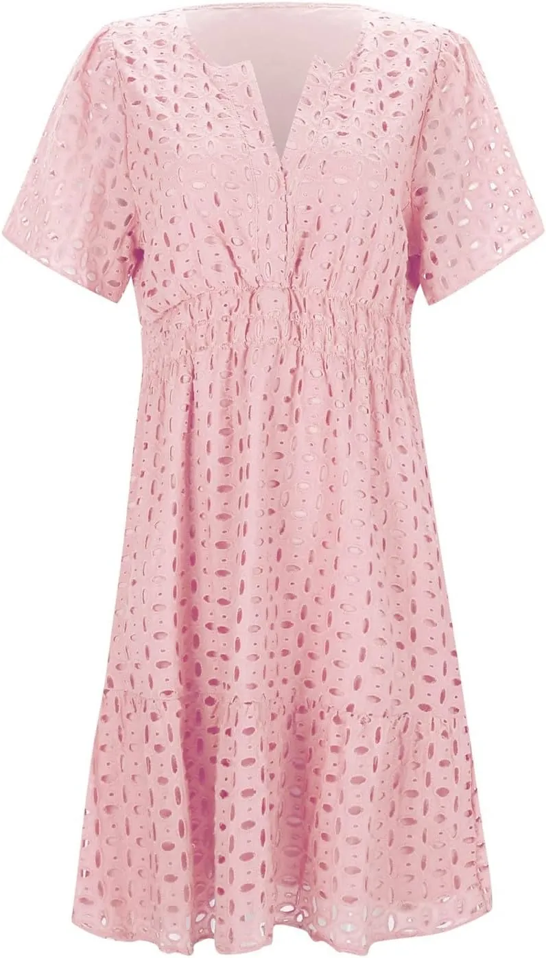 Mini Dress for Women 2025 Summer Short Dresses V Neck Short Sleeve a Line Hollow Out Lace Ruffle Cute Party Dresses