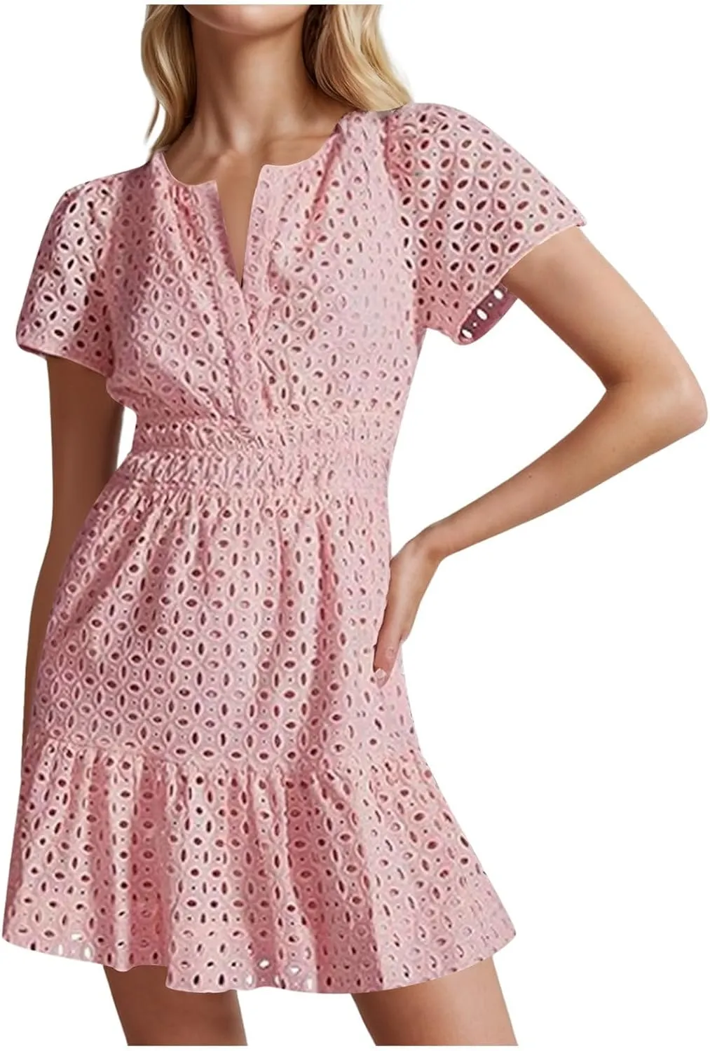 Mini Dress for Women 2025 Summer Short Dresses V Neck Short Sleeve a Line Hollow Out Lace Ruffle Cute Party Dresses