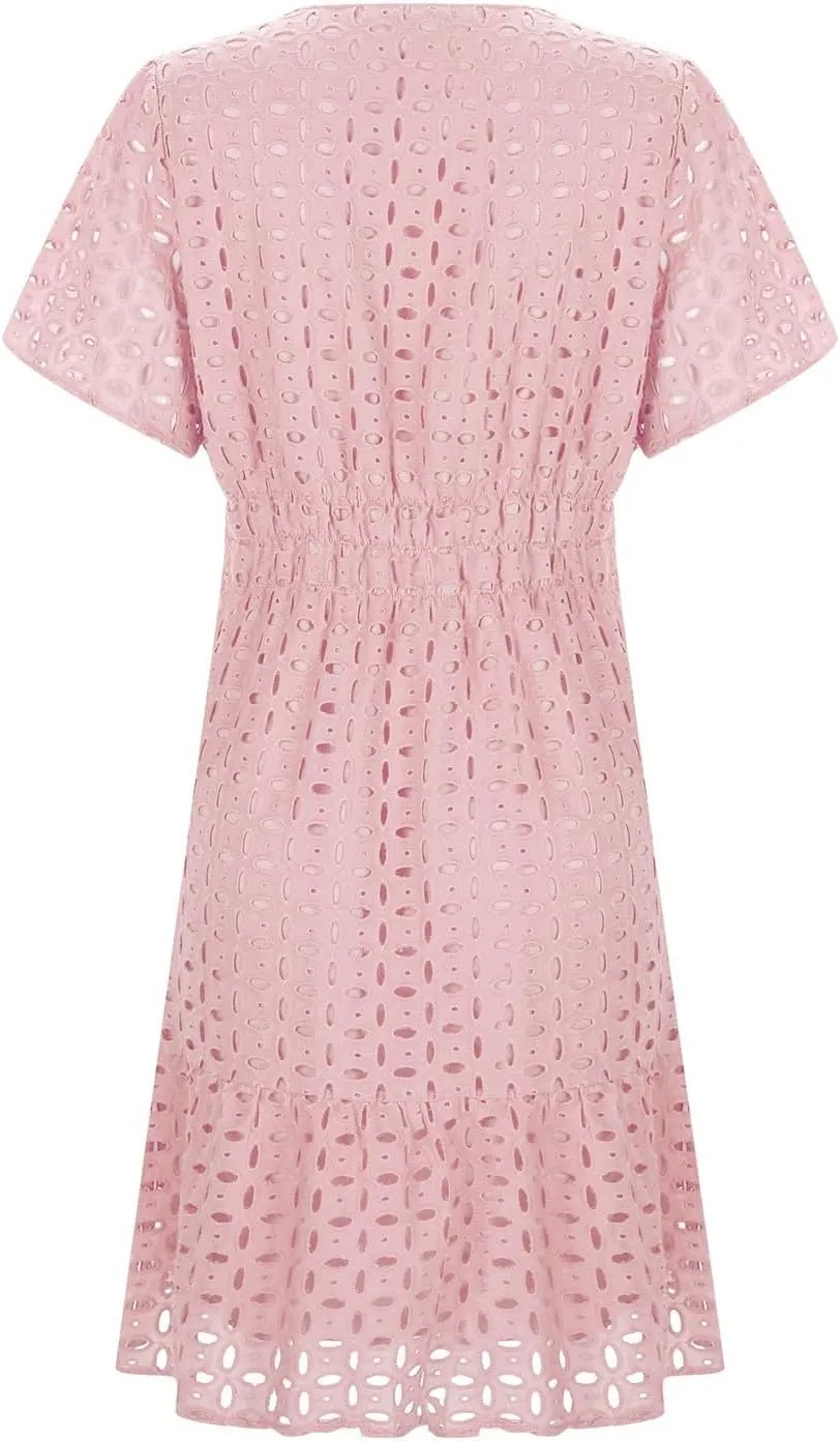 Mini Dress for Women 2025 Summer Short Dresses V Neck Short Sleeve a Line Hollow Out Lace Ruffle Cute Party Dresses