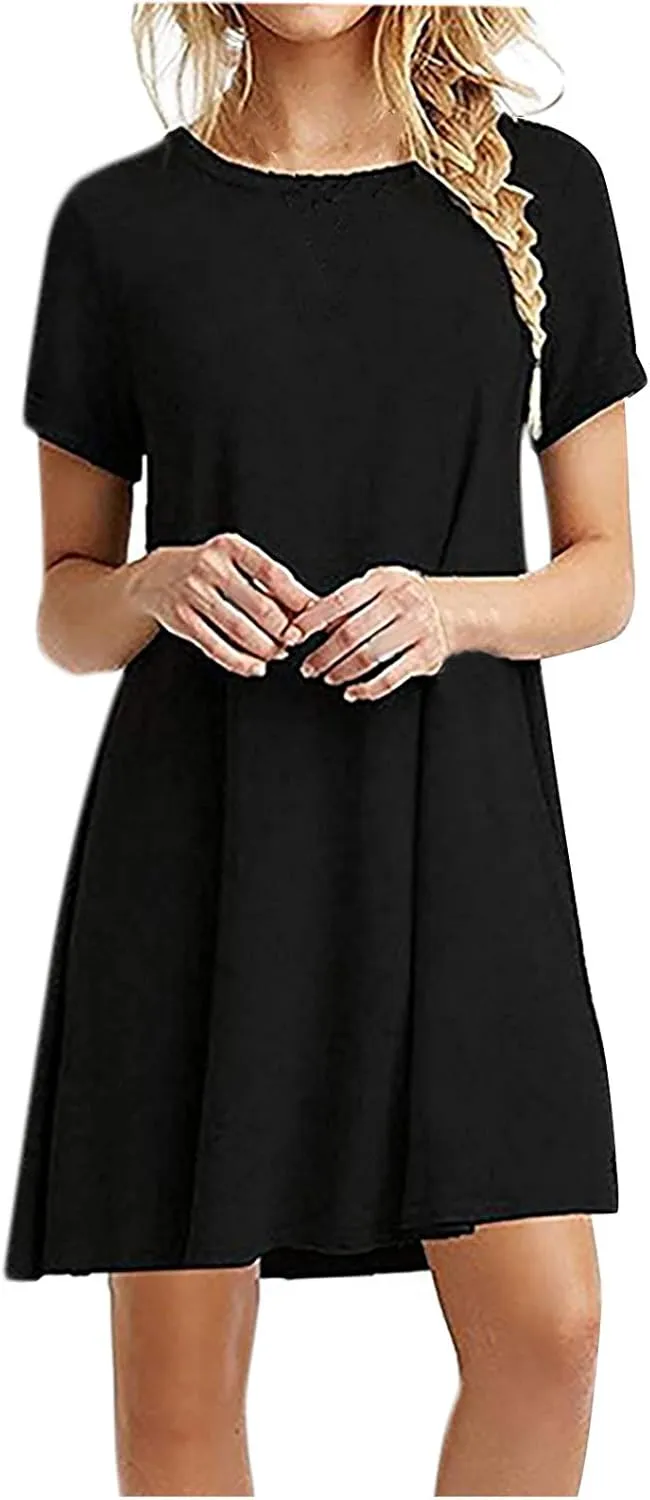 Mini Dresses for Women 2024 Pleated A-Line Casual Elegant Basic Cool Comfy Flowy Solid Dress Short Sleeve Tunic Dress