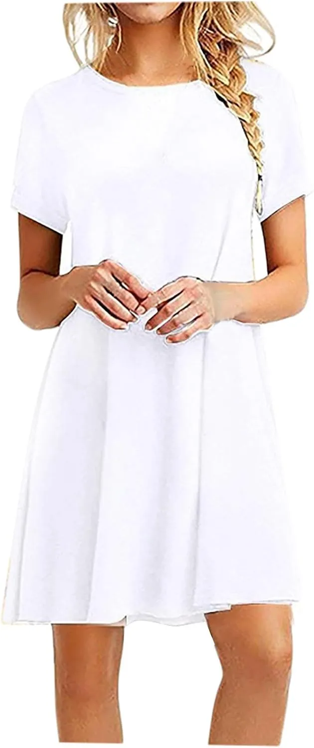 Mini Dresses for Women 2024 Pleated A-Line Casual Elegant Basic Cool Comfy Flowy Solid Dress Short Sleeve Tunic Dress