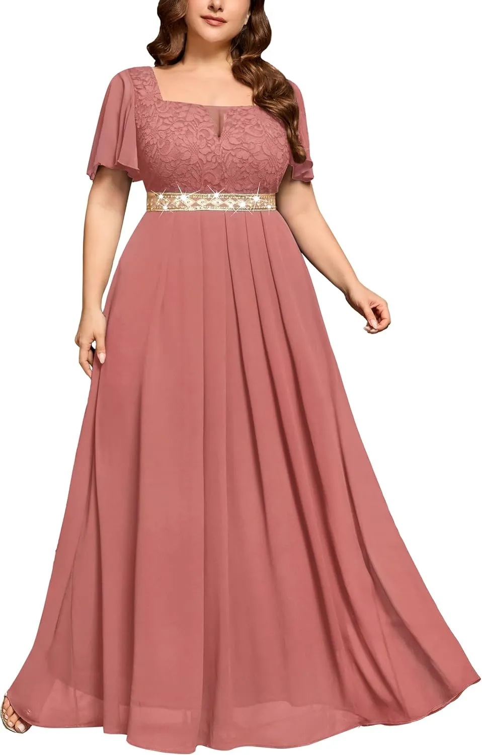MISSMAY Women's Plus Size Floral Lace Ruffle Sleeves Beads Waist Chiffon Formal Party Maxi Dress