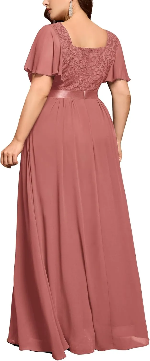 MISSMAY Women's Plus Size Floral Lace Ruffle Sleeves Beads Waist Chiffon Formal Party Maxi Dress
