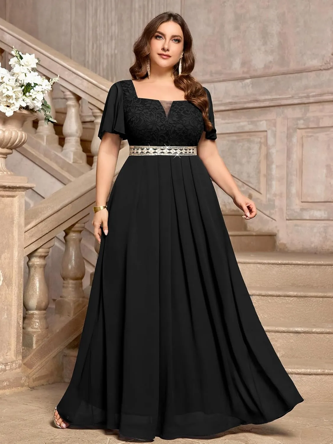 MISSMAY Women's Plus Size Floral Lace Ruffle Sleeves Beads Waist Chiffon Formal Party Maxi Dress