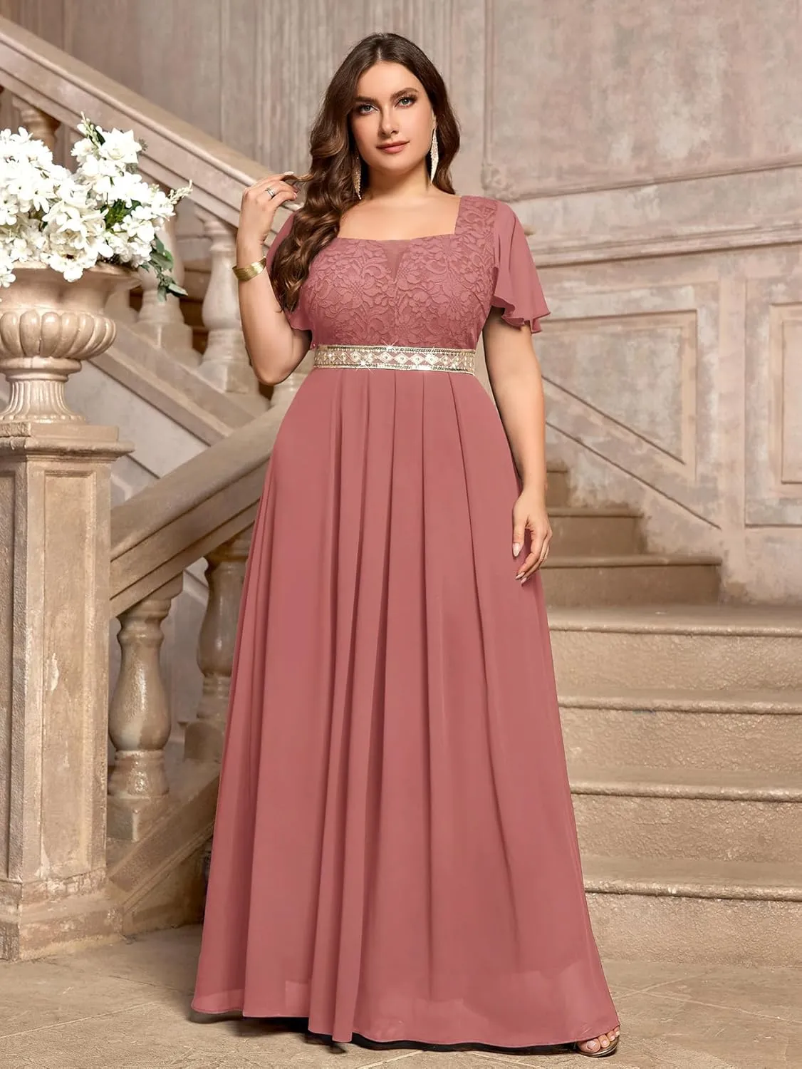 MISSMAY Women's Plus Size Floral Lace Ruffle Sleeves Beads Waist Chiffon Formal Party Maxi Dress
