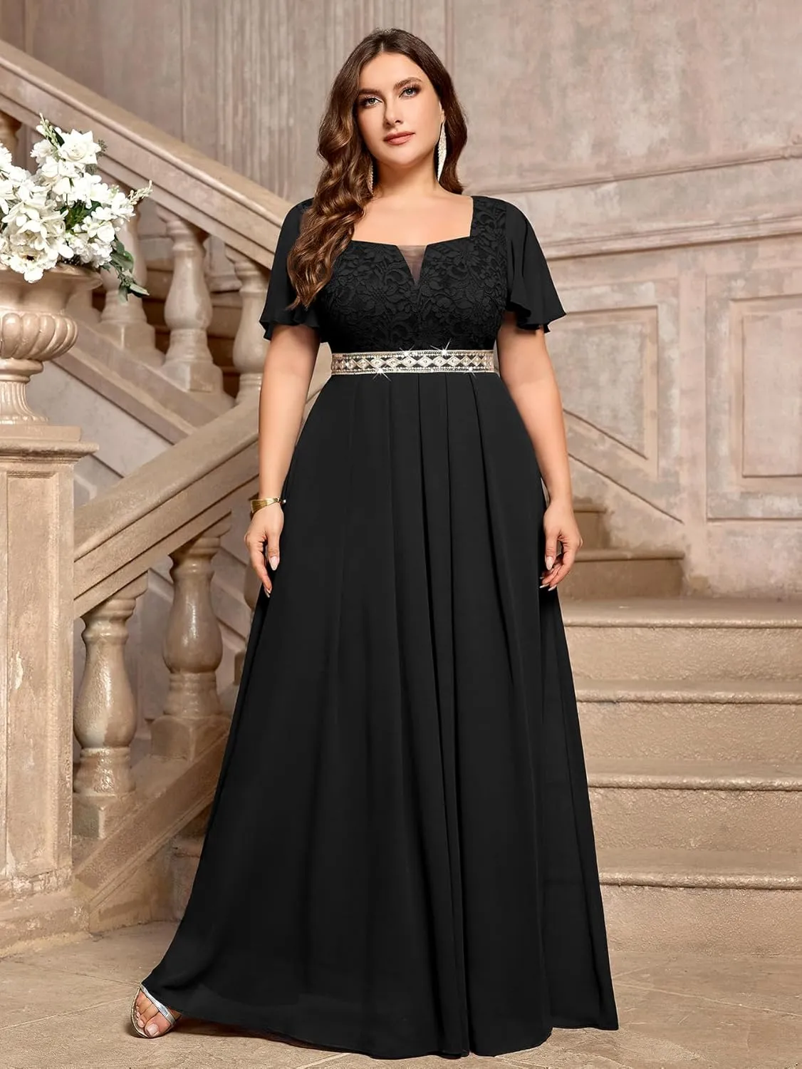 MISSMAY Women's Plus Size Floral Lace Ruffle Sleeves Beads Waist Chiffon Formal Party Maxi Dress