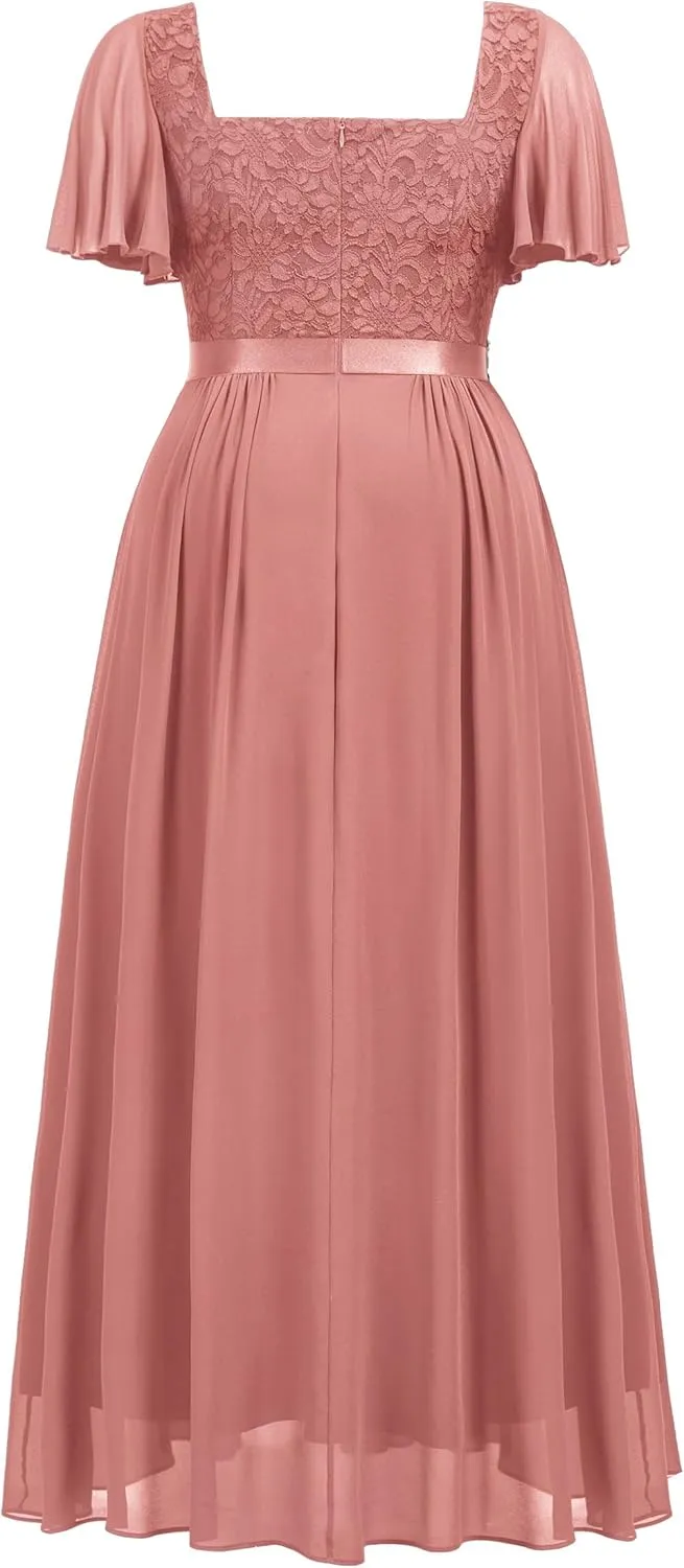 MISSMAY Women's Plus Size Floral Lace Ruffle Sleeves Beads Waist Chiffon Formal Party Maxi Dress