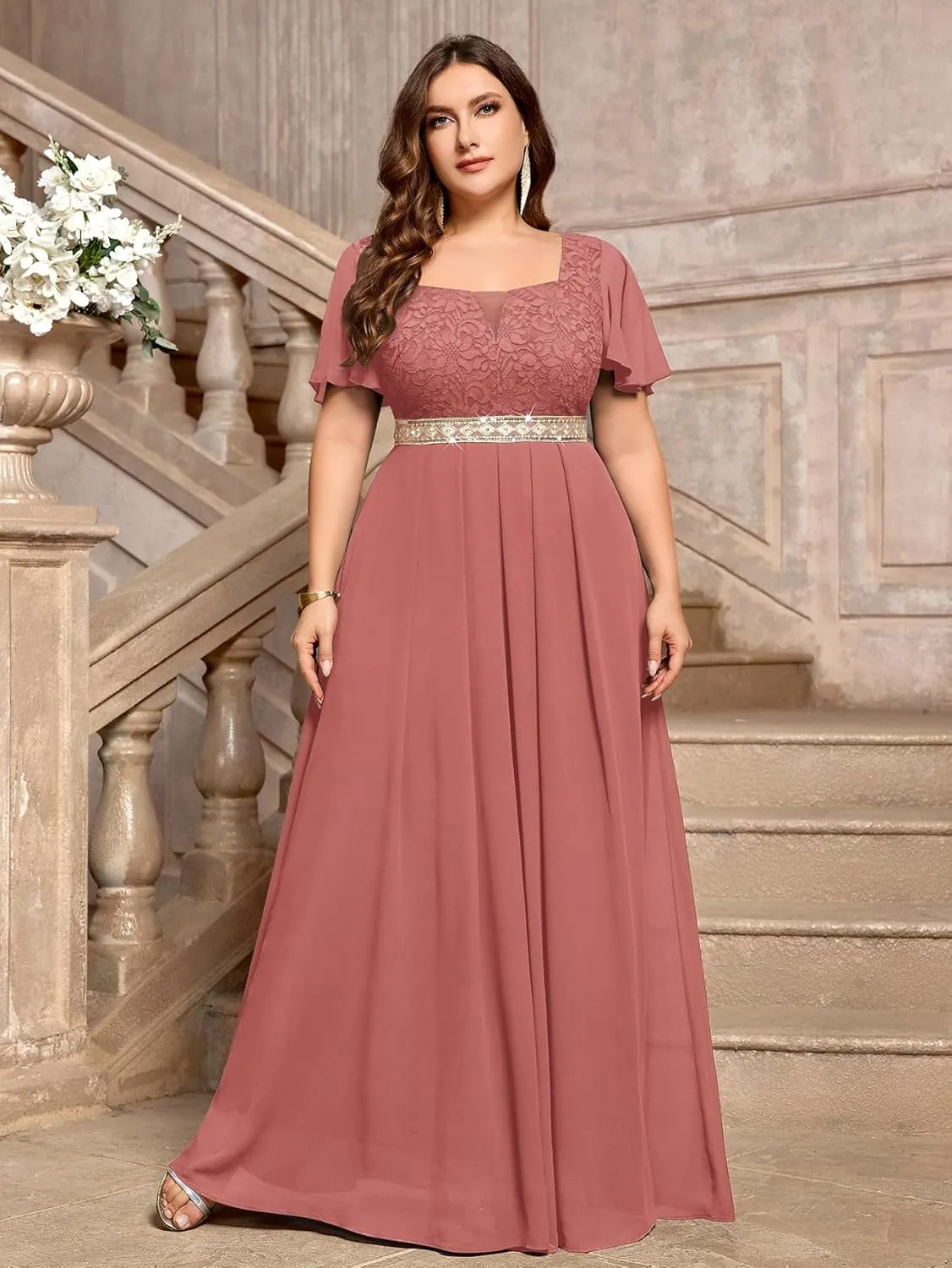 MISSMAY Women's Plus Size Floral Lace Ruffle Sleeves Beads Waist Chiffon Formal Party Maxi Dress