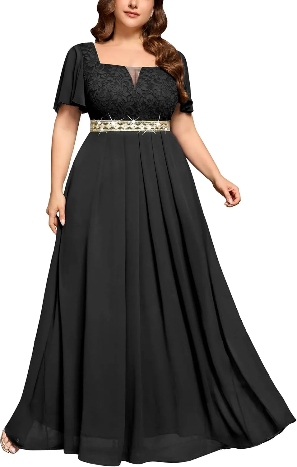 MISSMAY Women's Plus Size Floral Lace Ruffle Sleeves Beads Waist Chiffon Formal Party Maxi Dress