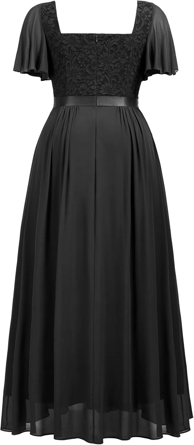 MISSMAY Women's Plus Size Floral Lace Ruffle Sleeves Beads Waist Chiffon Formal Party Maxi Dress