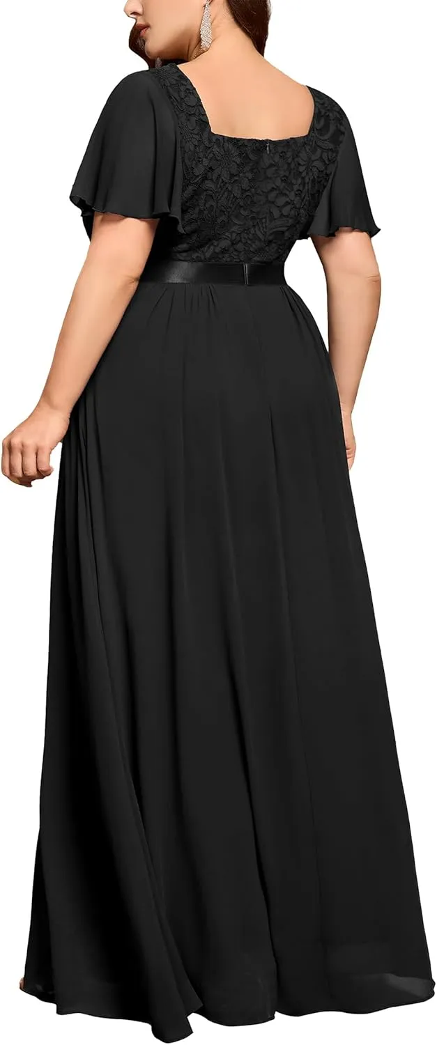 MISSMAY Women's Plus Size Floral Lace Ruffle Sleeves Beads Waist Chiffon Formal Party Maxi Dress