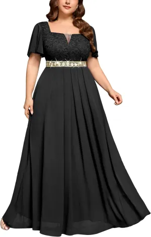 MISSMAY Women's Plus Size Floral Lace Ruffle Sleeves Beads Waist Chiffon Formal Party Maxi Dress