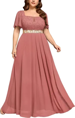 MISSMAY Women's Plus Size Floral Lace Ruffle Sleeves Beads Waist Chiffon Formal Party Maxi Dress
