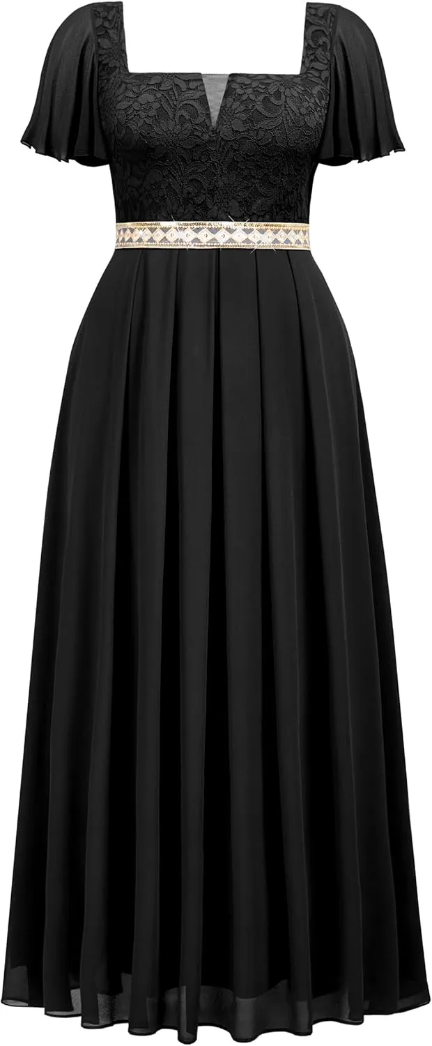 MISSMAY Women's Plus Size Floral Lace Ruffle Sleeves Beads Waist Chiffon Formal Party Maxi Dress