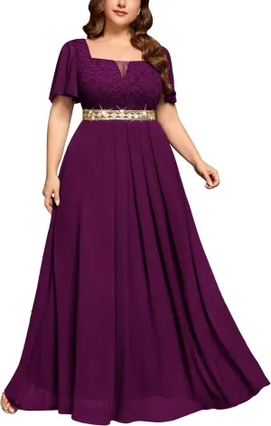 MISSMAY Women's Plus Size Floral Lace Ruffle Sleeves Beads Waist Chiffon Formal Party Maxi Dress