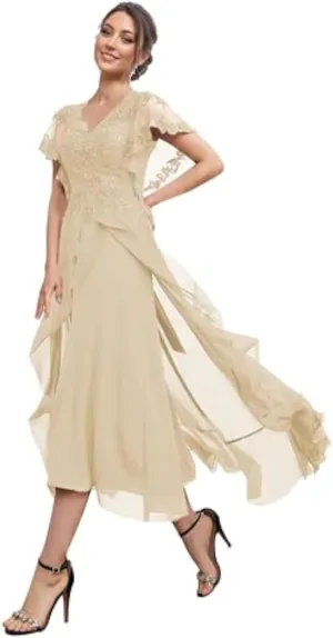 Mother of The Bride Dresses 2025 Sequins Chiffon V Neck Short Sleeve Evening Gown High Low Wedding Guest Dresses