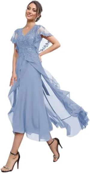 Mother of The Bride Dresses 2025 Sequins Chiffon V Neck Short Sleeve Evening Gown High Low Wedding Guest Dresses
