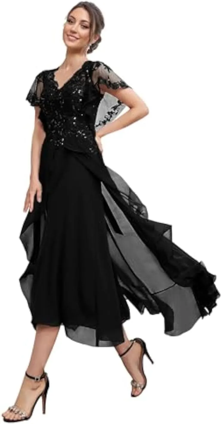 Mother of The Bride Dresses 2025 Sequins Chiffon V Neck Short Sleeve Evening Gown High Low Wedding Guest Dresses