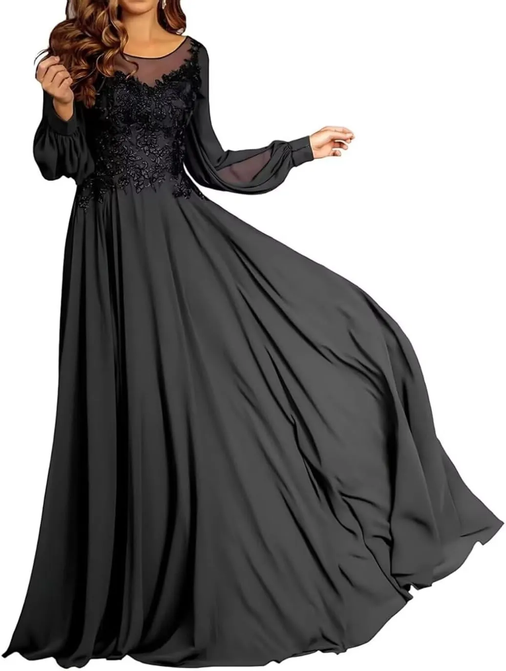 Mother of The Bride Dresses for Wedding A-Line Crew Neck Long Sleeves Lace Applique Chiffon Maxi Formal Evening Dress