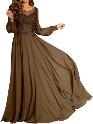 Mother of The Bride Dresses for Wedding A-Line Crew Neck Long Sleeves Lace Applique Chiffon Maxi Formal Evening Dress