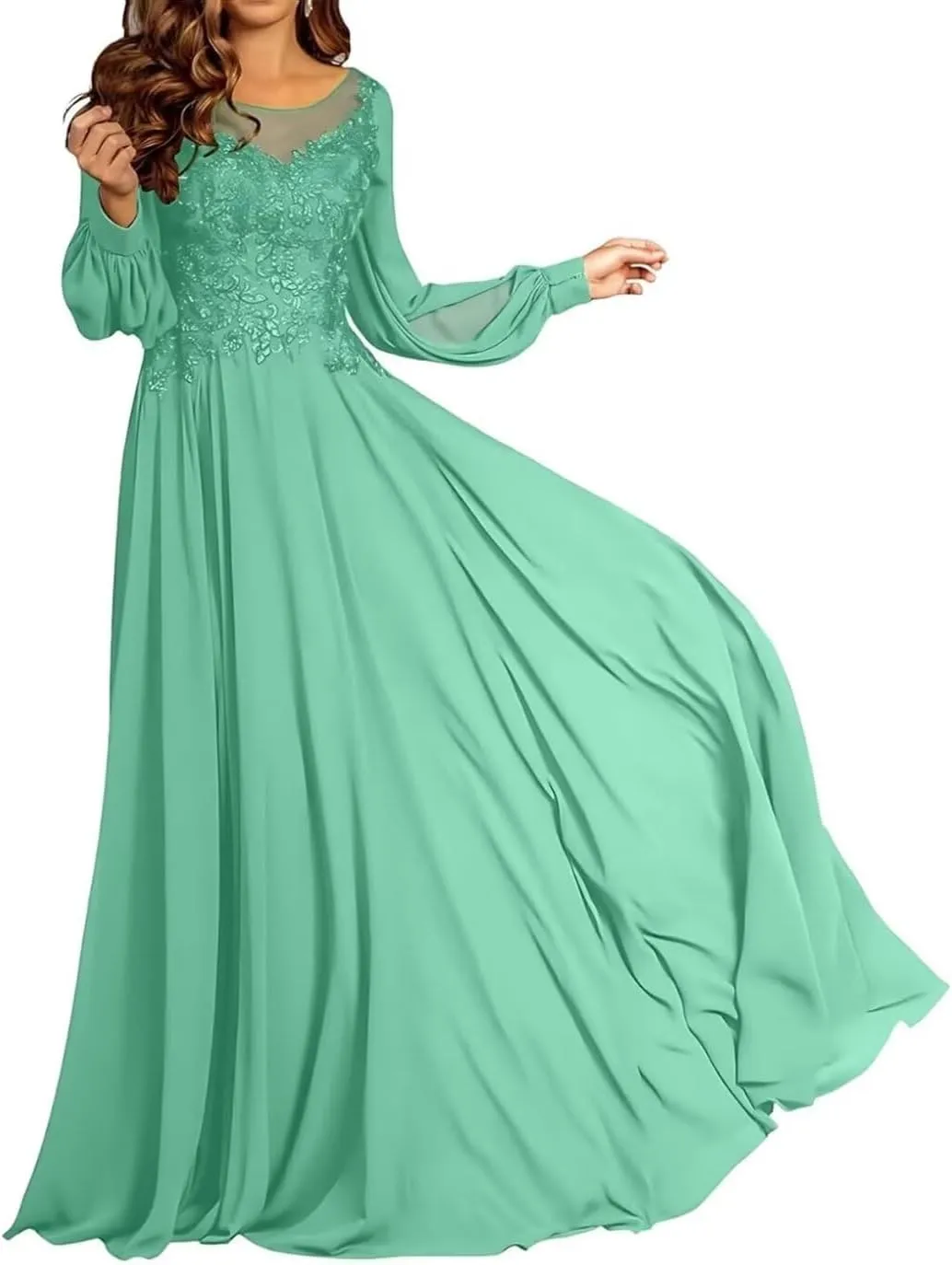 Mother of The Bride Dresses for Wedding A-Line Crew Neck Long Sleeves Lace Applique Chiffon Maxi Formal Evening Dress
