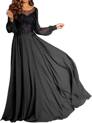 Mother of The Bride Dresses for Wedding A-Line Crew Neck Long Sleeves Lace Applique Chiffon Maxi Formal Evening Dress