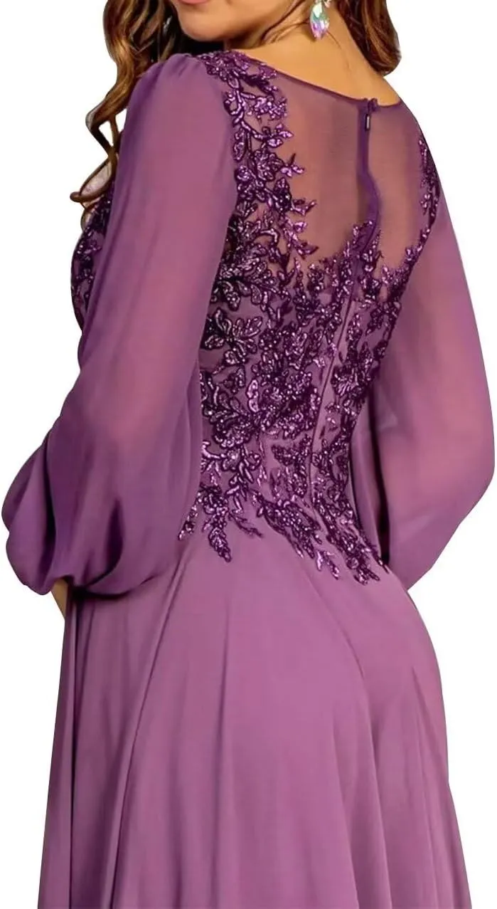 Mother of The Bride Dresses for Wedding A-Line Crew Neck Long Sleeves Lace Applique Chiffon Maxi Formal Evening Dress