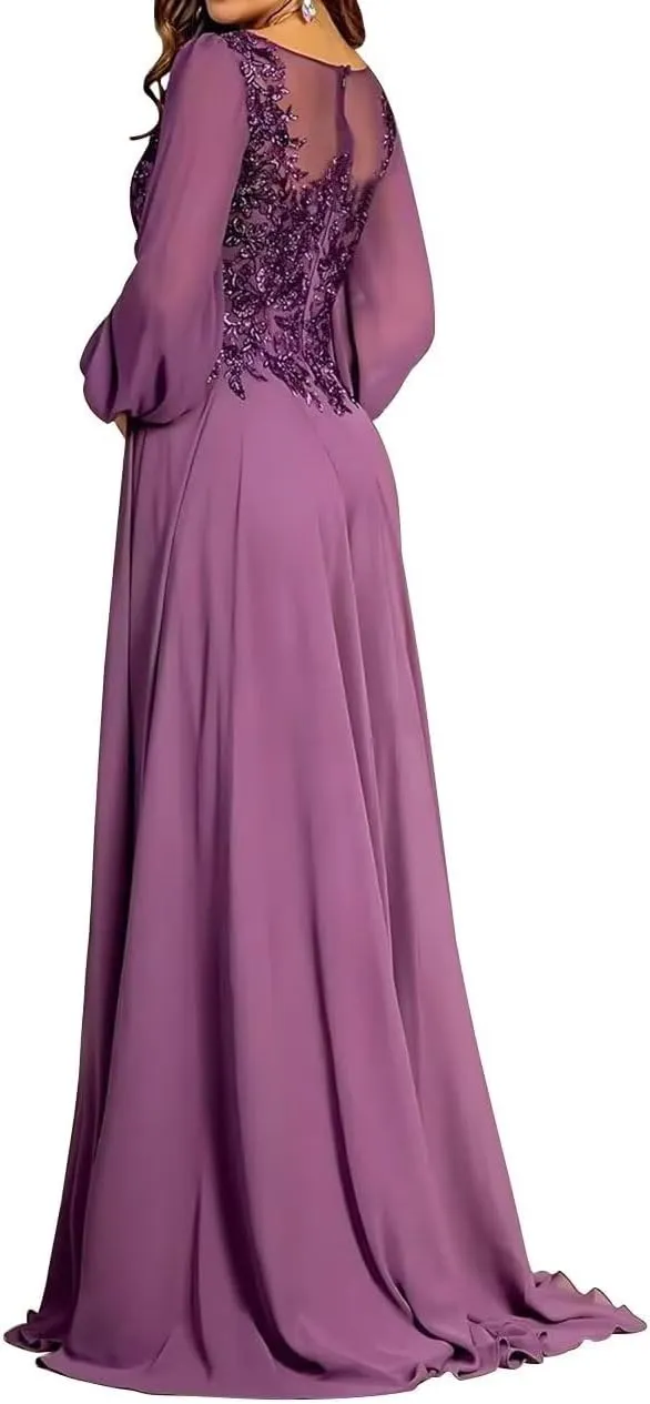 Mother of The Bride Dresses for Wedding A-Line Crew Neck Long Sleeves Lace Applique Chiffon Maxi Formal Evening Dress