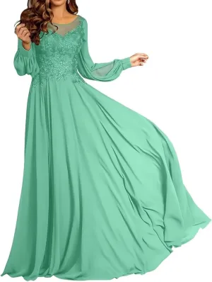 Mother of The Bride Dresses for Wedding A-Line Crew Neck Long Sleeves Lace Applique Chiffon Maxi Formal Evening Dress