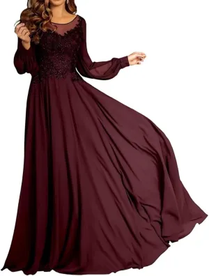 Mother of The Bride Dresses for Wedding A-Line Crew Neck Long Sleeves Lace Applique Chiffon Maxi Formal Evening Dress