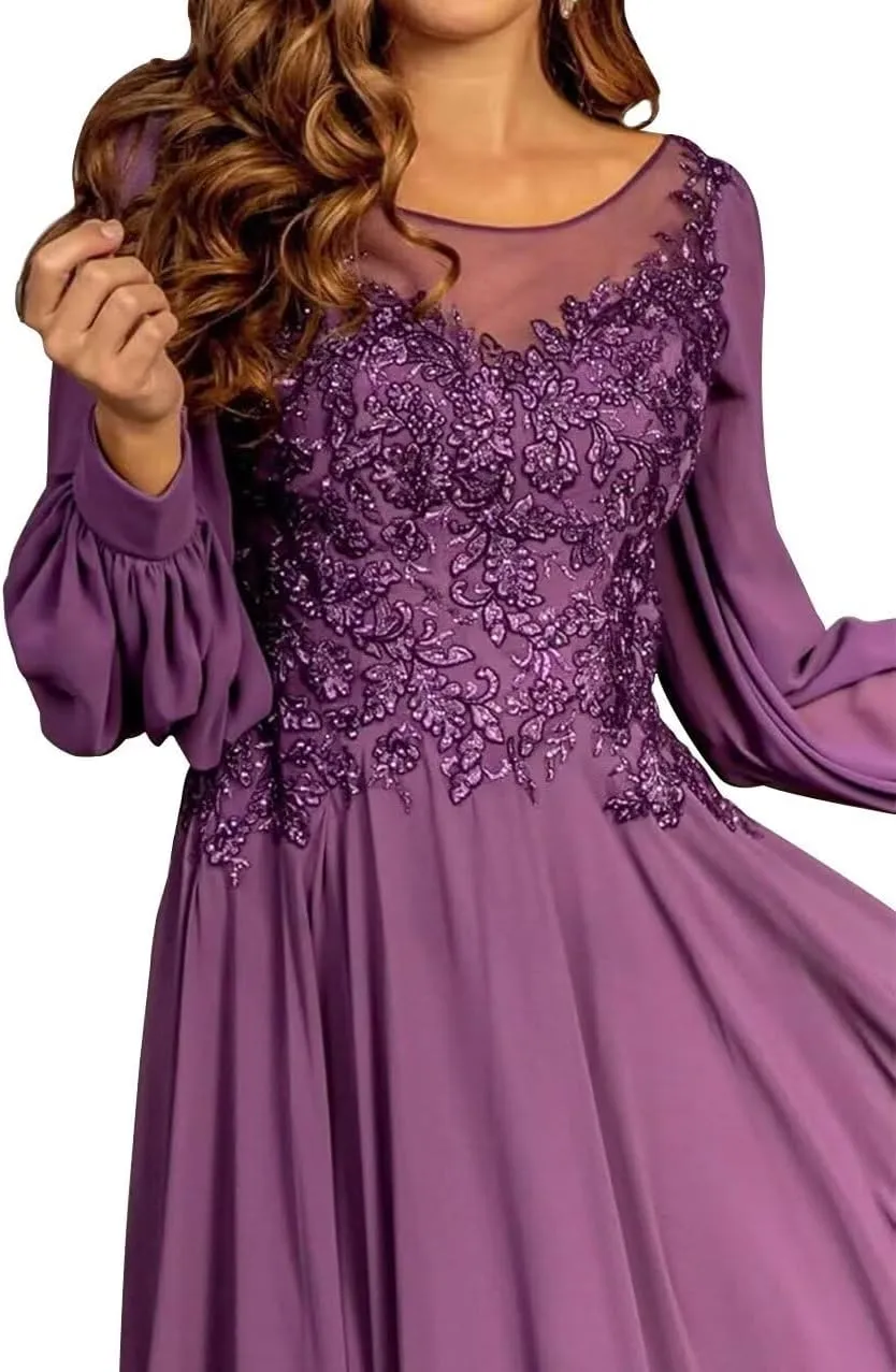 Mother of The Bride Dresses for Wedding A-Line Crew Neck Long Sleeves Lace Applique Chiffon Maxi Formal Evening Dress