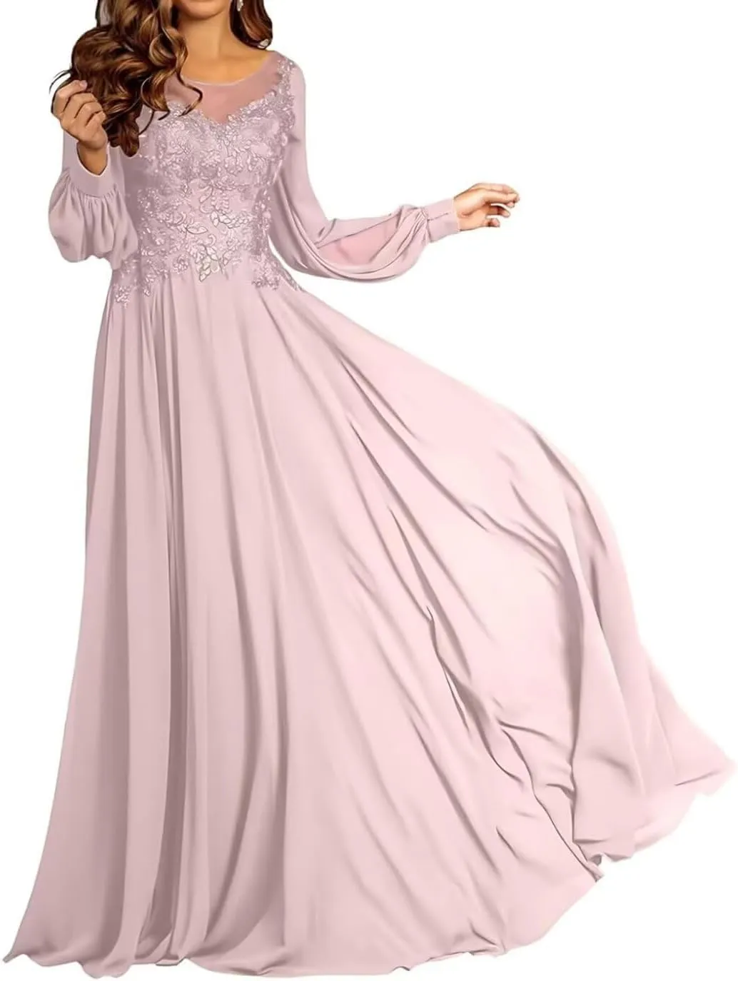 Mother of The Bride Dresses for Wedding A-Line Crew Neck Long Sleeves Lace Applique Chiffon Maxi Formal Evening Dress
