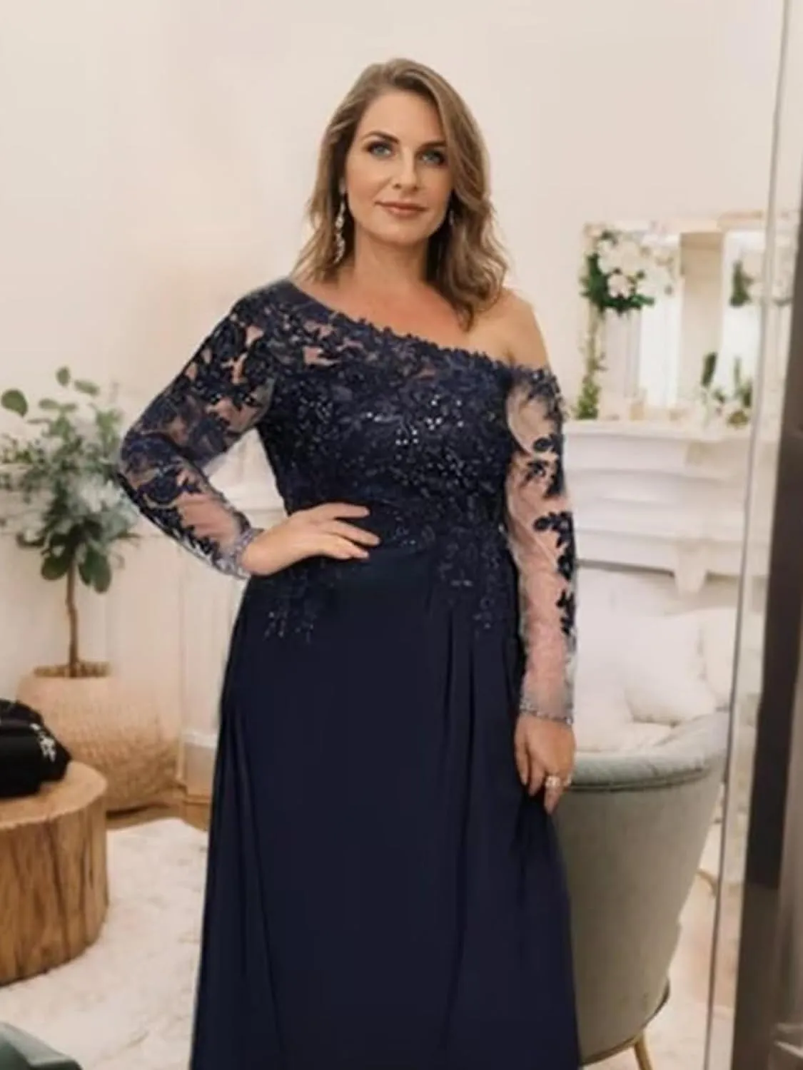 Mother of The Bride Dresses for Wedding Chiffon Lace Appliques Prom Formal Gown Long Sleeves Mother of The Groom Dress