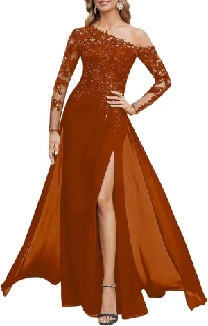 Mother of The Bride Dresses for Wedding Chiffon Lace Appliques Prom Formal Gown Long Sleeves Mother of The Groom Dress