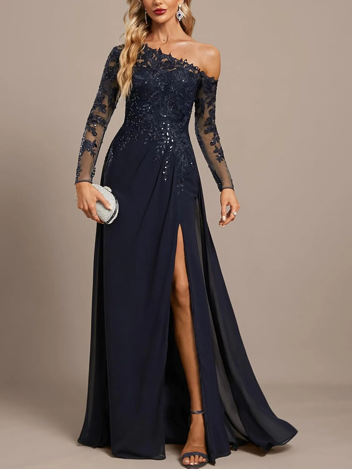Mother of The Bride Dresses for Wedding Chiffon Lace Appliques Prom Formal Gown Long Sleeves Mother of The Groom Dress