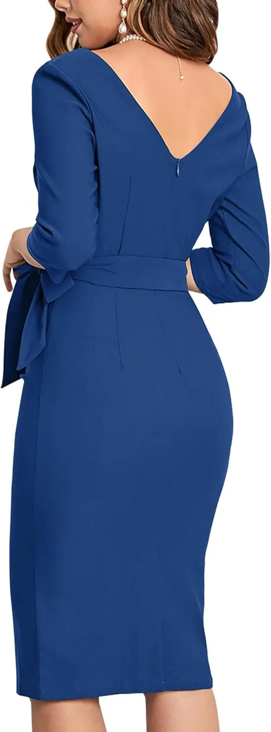 MUXXN Women's Vintage Faux Wrap V Neck 3/4 Sleeve Formal Classic Party Work Dress with Belt