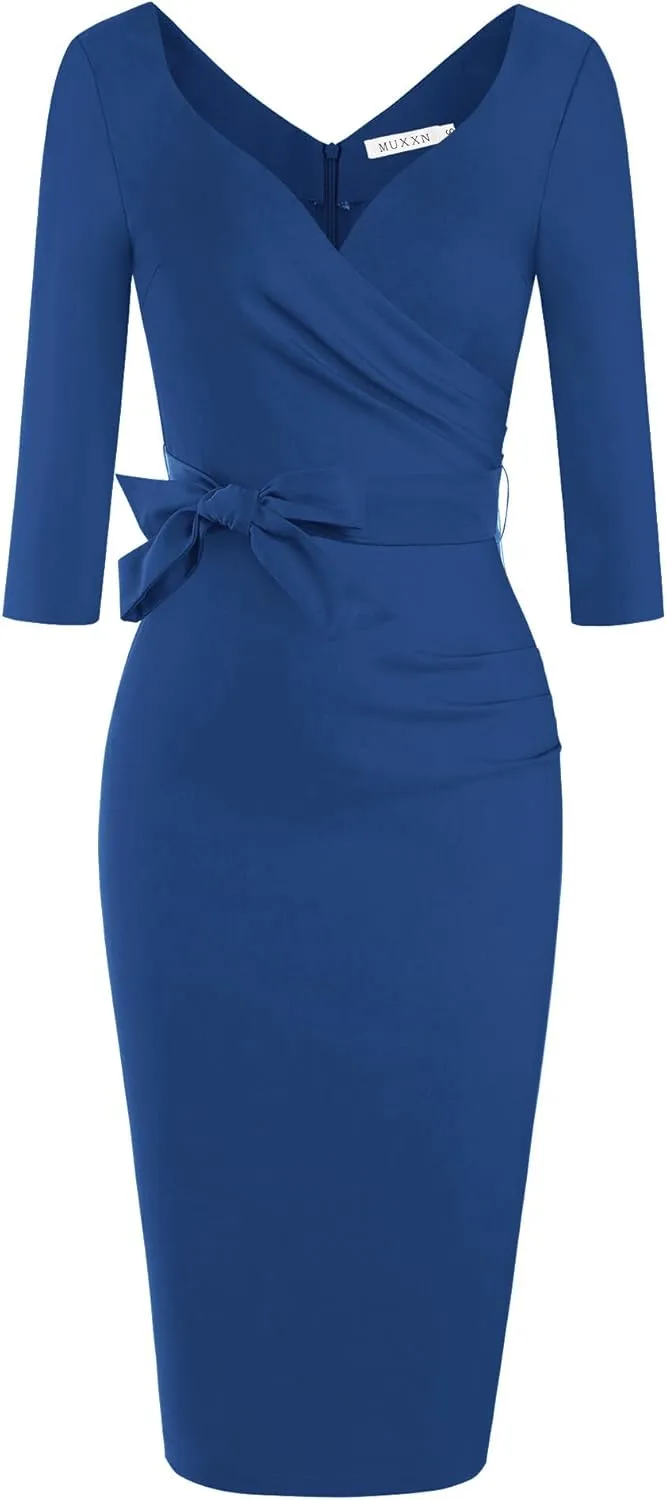 MUXXN Women's Vintage Faux Wrap V Neck 3/4 Sleeve Formal Classic Party Work Dress with Belt