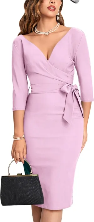 MUXXN Women's Vintage Faux Wrap V Neck 3/4 Sleeve Formal Classic Party Work Dress with Belt