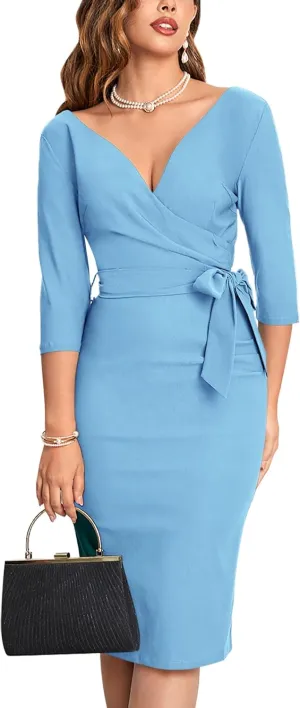 MUXXN Women's Vintage Faux Wrap V Neck 3/4 Sleeve Formal Classic Party Work Dress with Belt