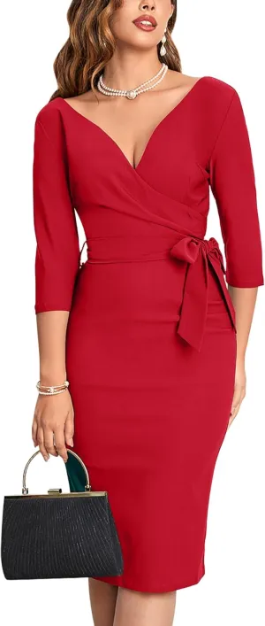 MUXXN Women's Vintage Faux Wrap V Neck 3/4 Sleeve Formal Classic Party Work Dress with Belt