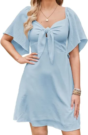Naggoo Womens Dresses Tie Knot Deep V Neck Summer Dress Flowy Mini Dress Short Sleeve Elegant A-Line Cocktail Dresses