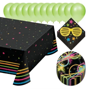 Neon Glow Party Pack - Paper Dessert Plates, Napkins, Balloons, and Table Cover Set (Serves 16)