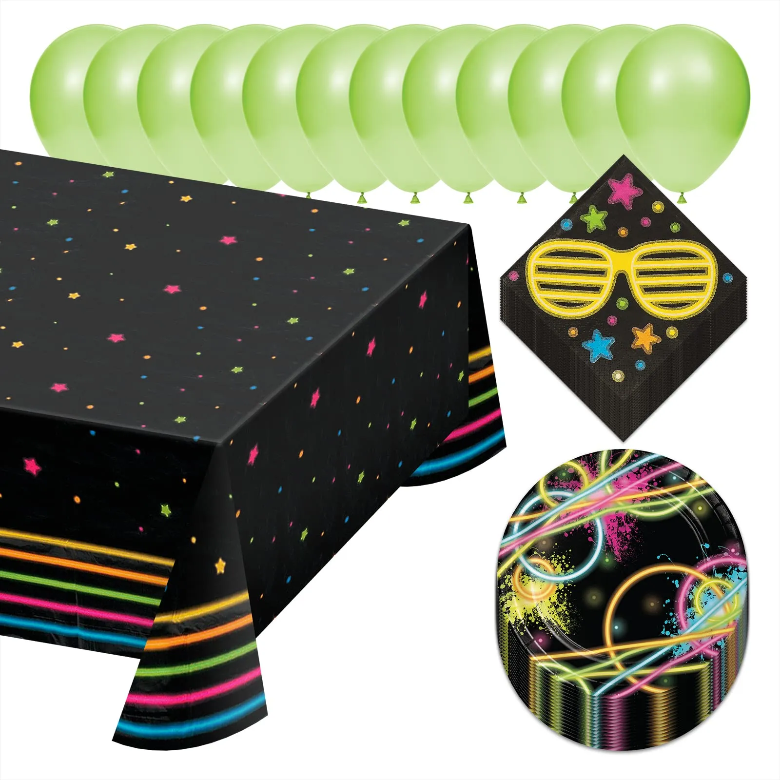 Neon Glow Party Pack - Paper Dessert Plates, Napkins, Balloons, and Table Cover Set (Serves 16)