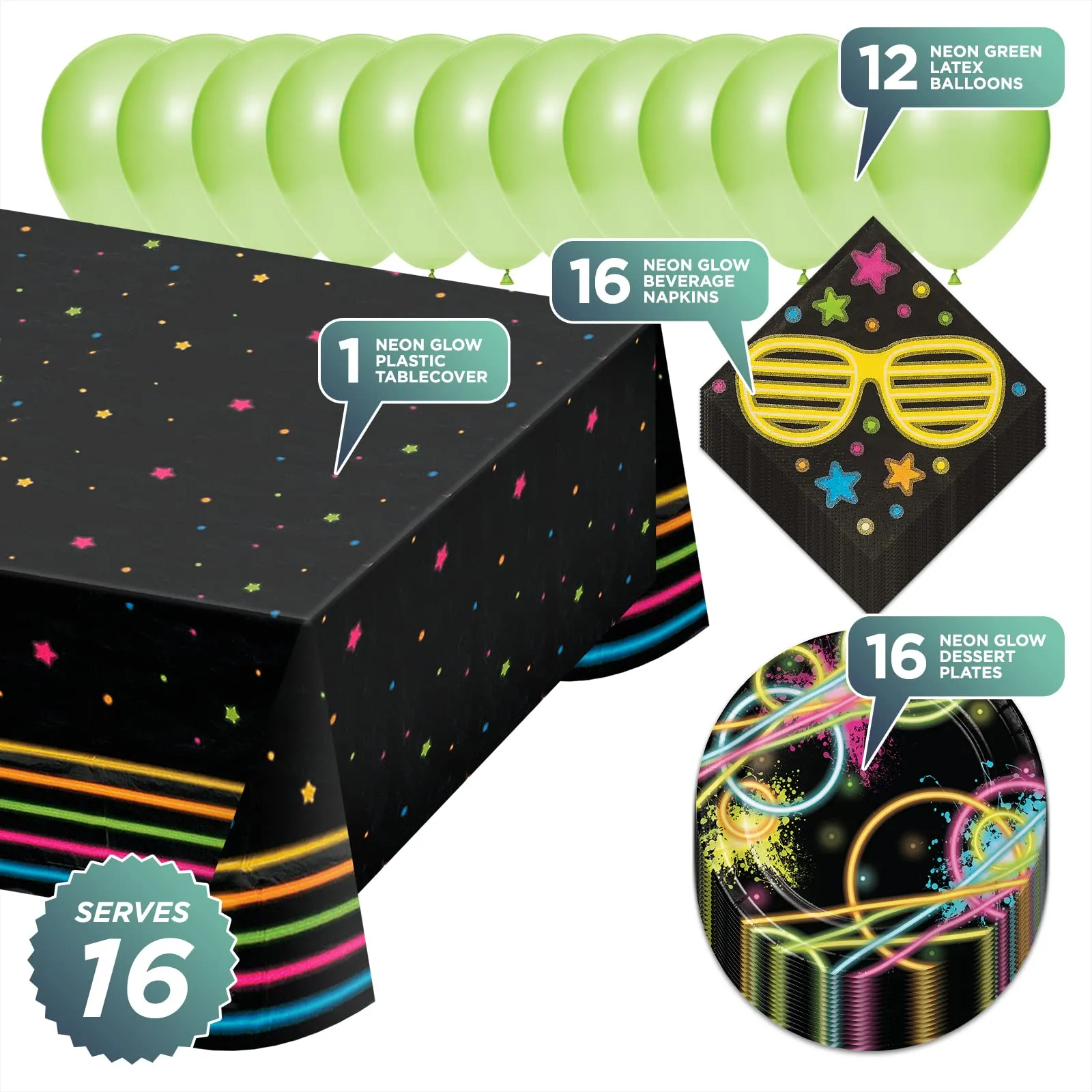 Neon Glow Party Pack - Paper Dessert Plates, Napkins, Balloons, and Table Cover Set (Serves 16)