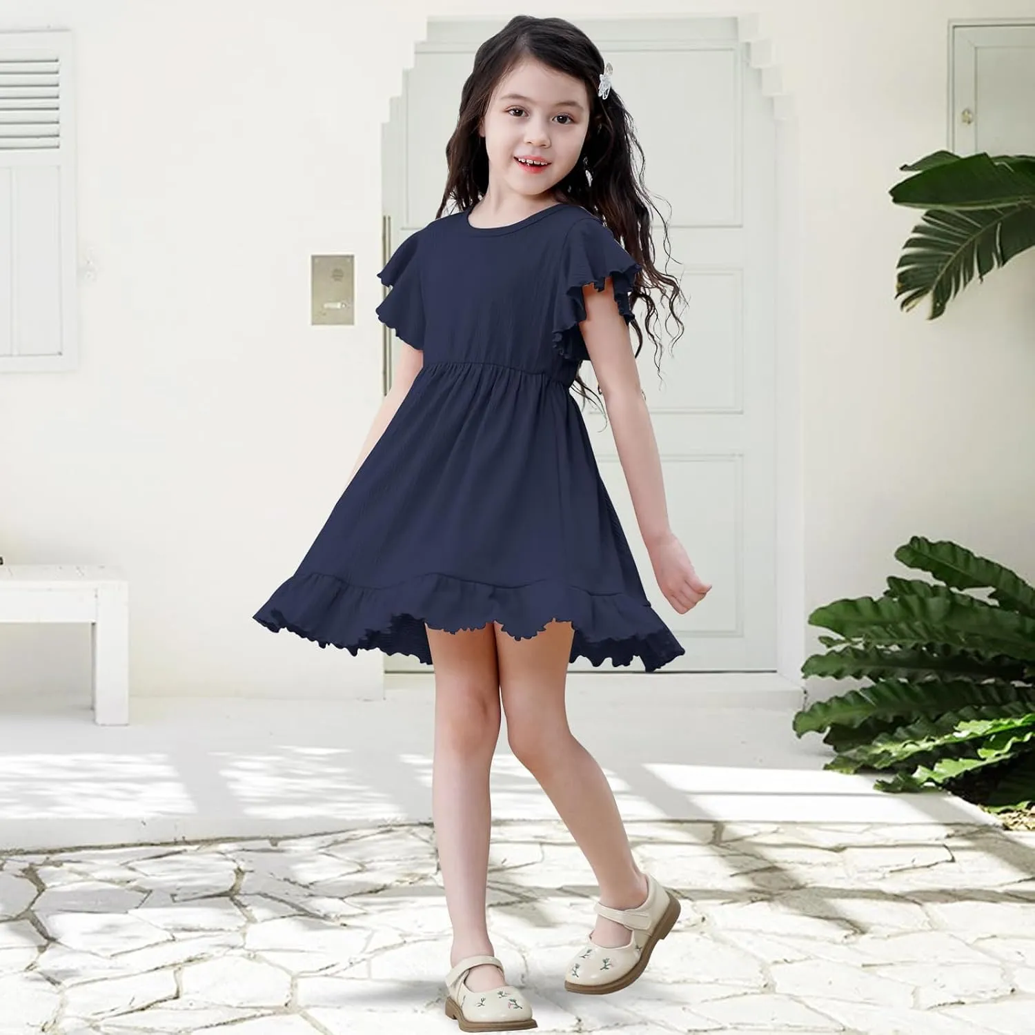 Neutocd Toddler Girl Dress Ruffled Short Sleeve Flowy Tiered Kid Baby Girl Summer Party Beach Boho Swing Dress Sundress